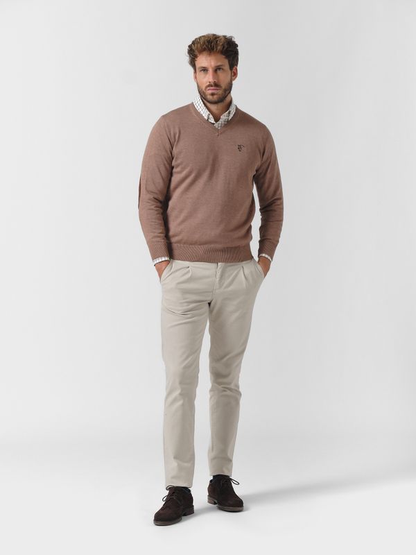 Suéter Gola V com Cotoveleiras Melange | Taupe