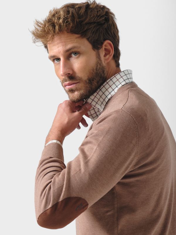 Suéter Gola V com Cotoveleiras Melange | Taupe