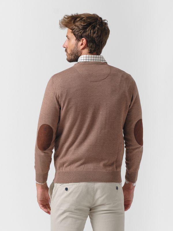 Suéter Gola V com Cotoveleiras Melange | Taupe