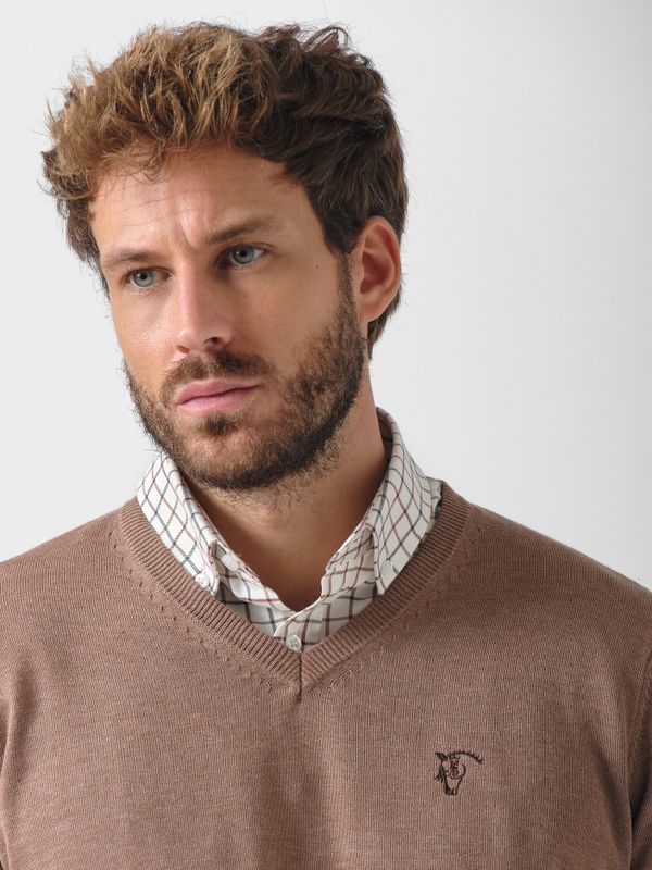 Suéter Gola V com Cotoveleiras Melange | Taupe