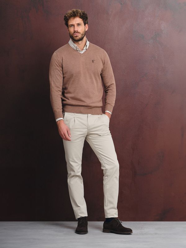 Suéter Gola V com Cotoveleiras Melange | Taupe