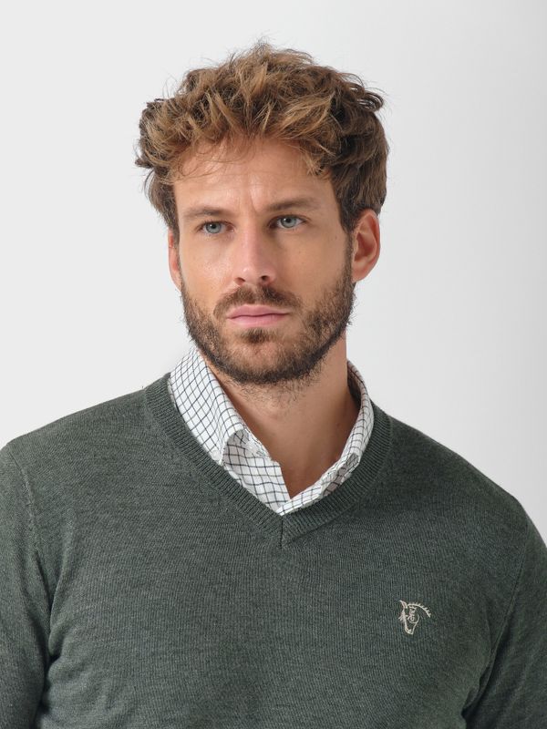 Suéter Gola V com Cotoveleiras Melange | Abeto