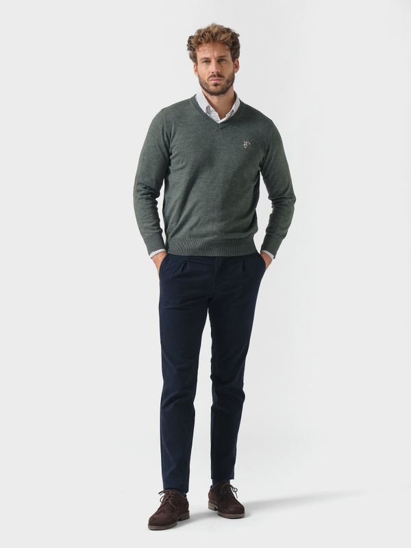 Suéter Gola V com Cotoveleiras Melange | Abeto