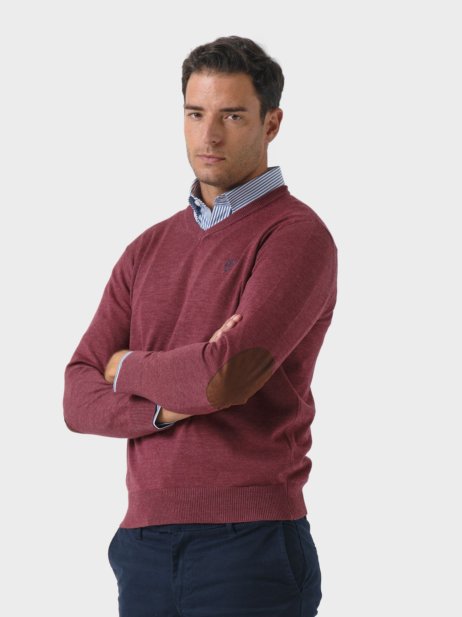 V-Neck Sweater with Elbow Patches Melange | Burgundy