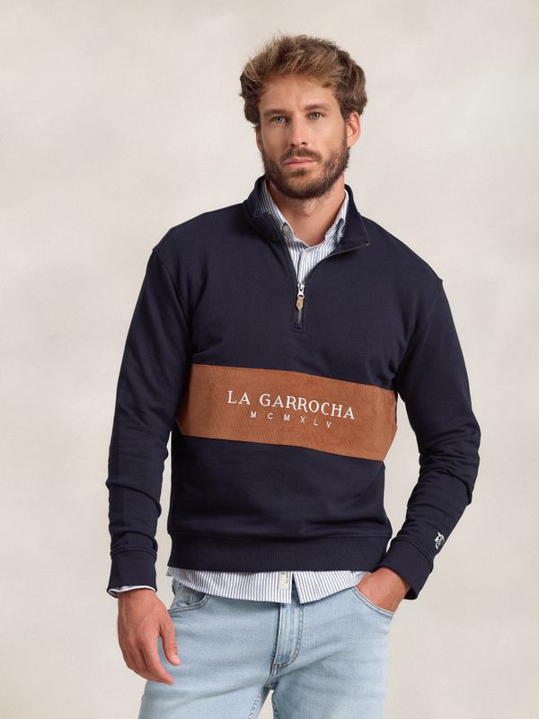 Sweatshirt com meio zíper e faixa de Microveludo | Marino