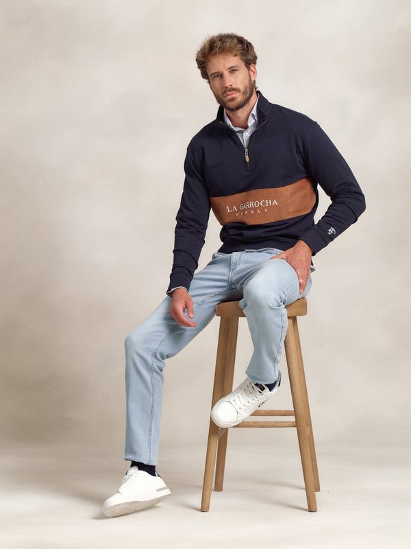 Sweatshirt com meio zíper e faixa de Microveludo | Marino