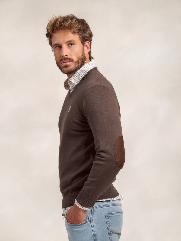 V-neck sweater with elbow patch | Carbón