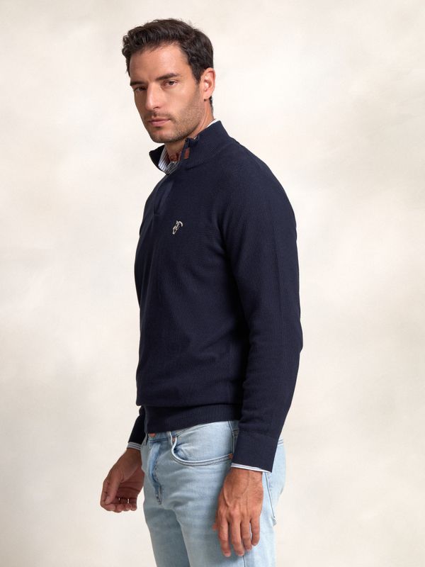 Suéter de Estrutura com Meio Zíper | Marino
