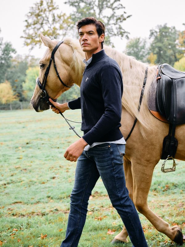 Suéter Trançado com Meio Zíper | Marino