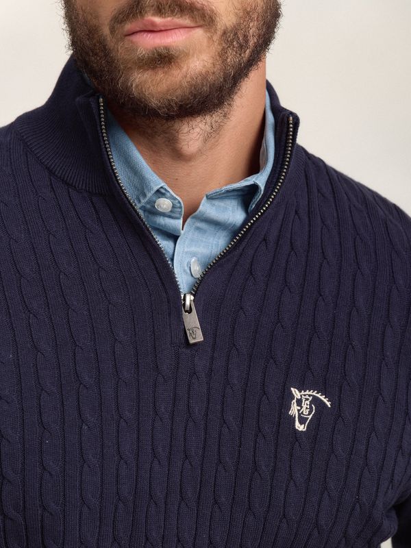 Suéter Trançado com Meio Zíper | Marino