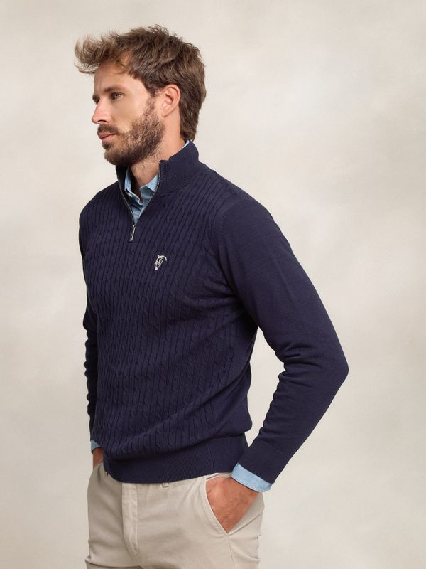 Suéter Trançado com Meio Zíper | Marino