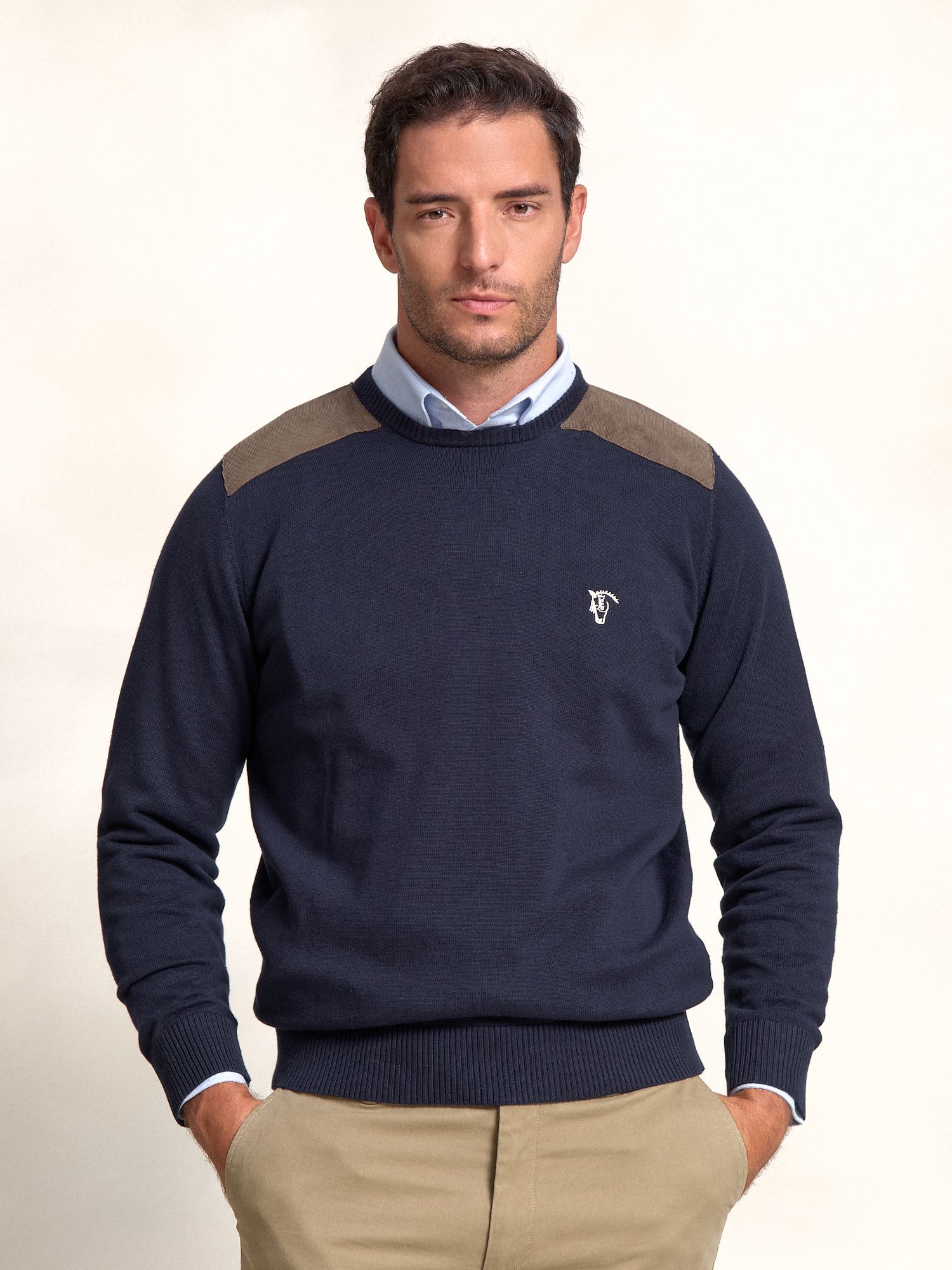 Round neck sweater with cordoduroy Detail | Marino