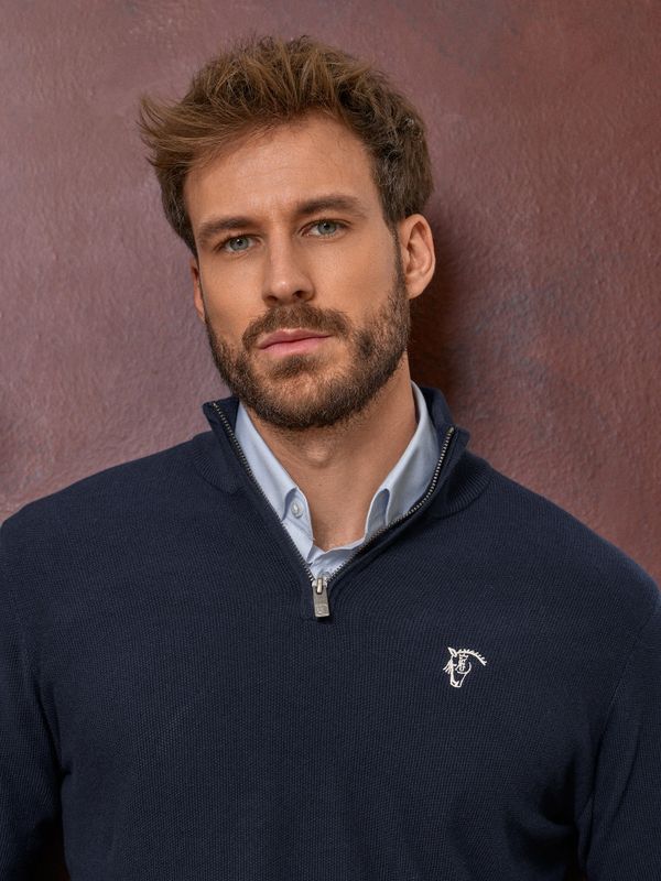 Suéter de Estrutura com Meio Zíper | Azul Marinho