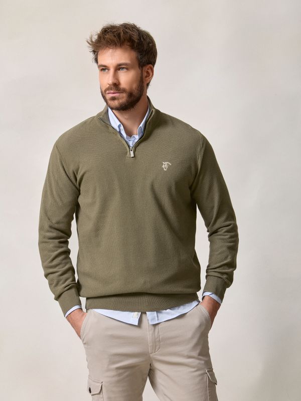 Suéter de Estrutura com Meio Zíper | Verde Oliva