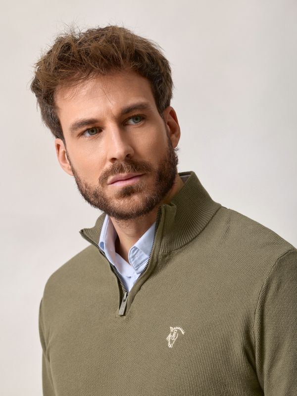 Suéter de Estrutura com Meio Zíper | Verde Oliva