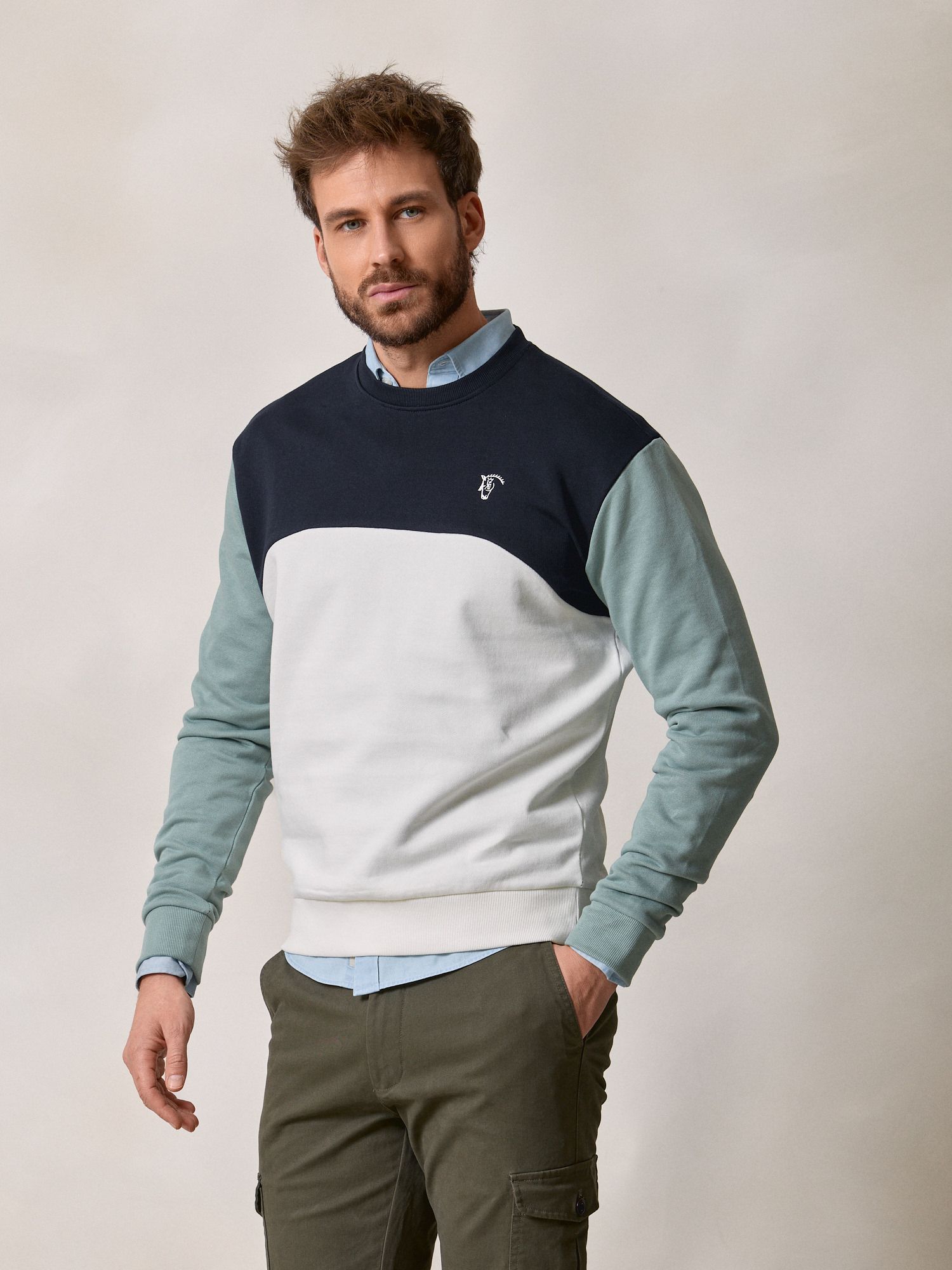 Sweatshirt à Col Boîte Multicolore | Bleu Marine