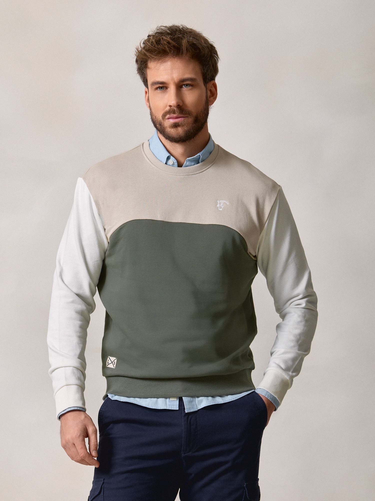 Sweatshirt à Col Boîte Multicolore | Kaki 