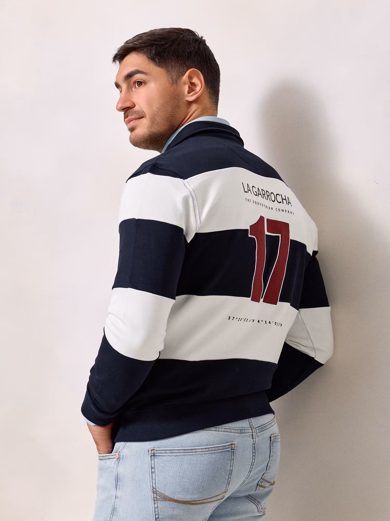 Polo Collar Striped Sweatshirt | Navy Blue
