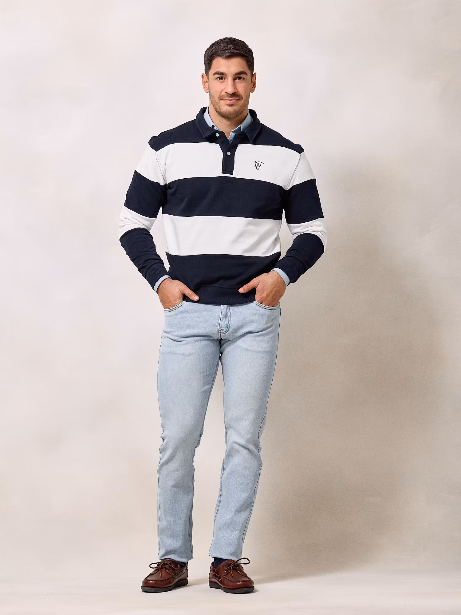 Polo Collar Striped Sweatshirt | Navy Blue