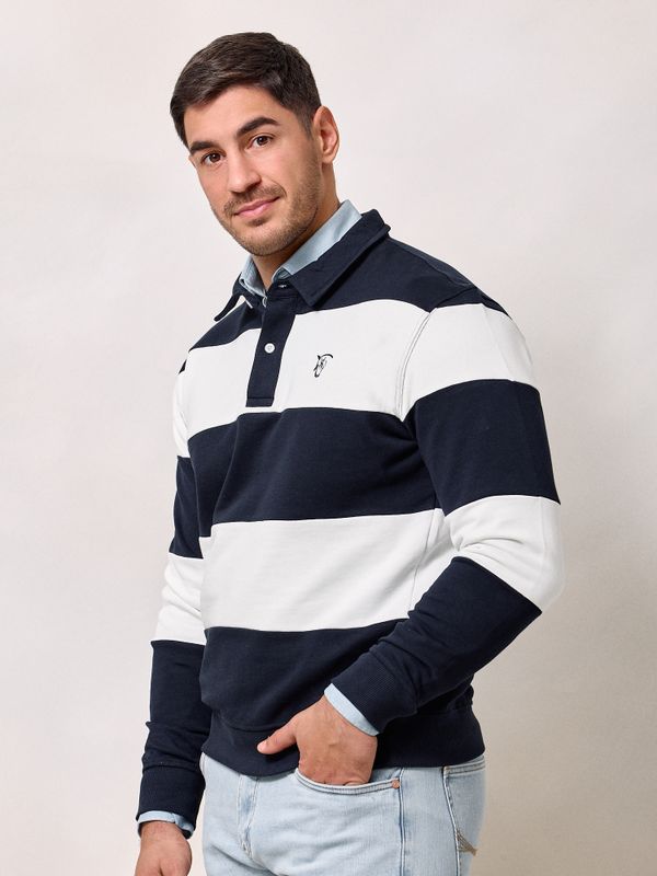 Polo Collar Striped Sweatshirt | Navy Blue