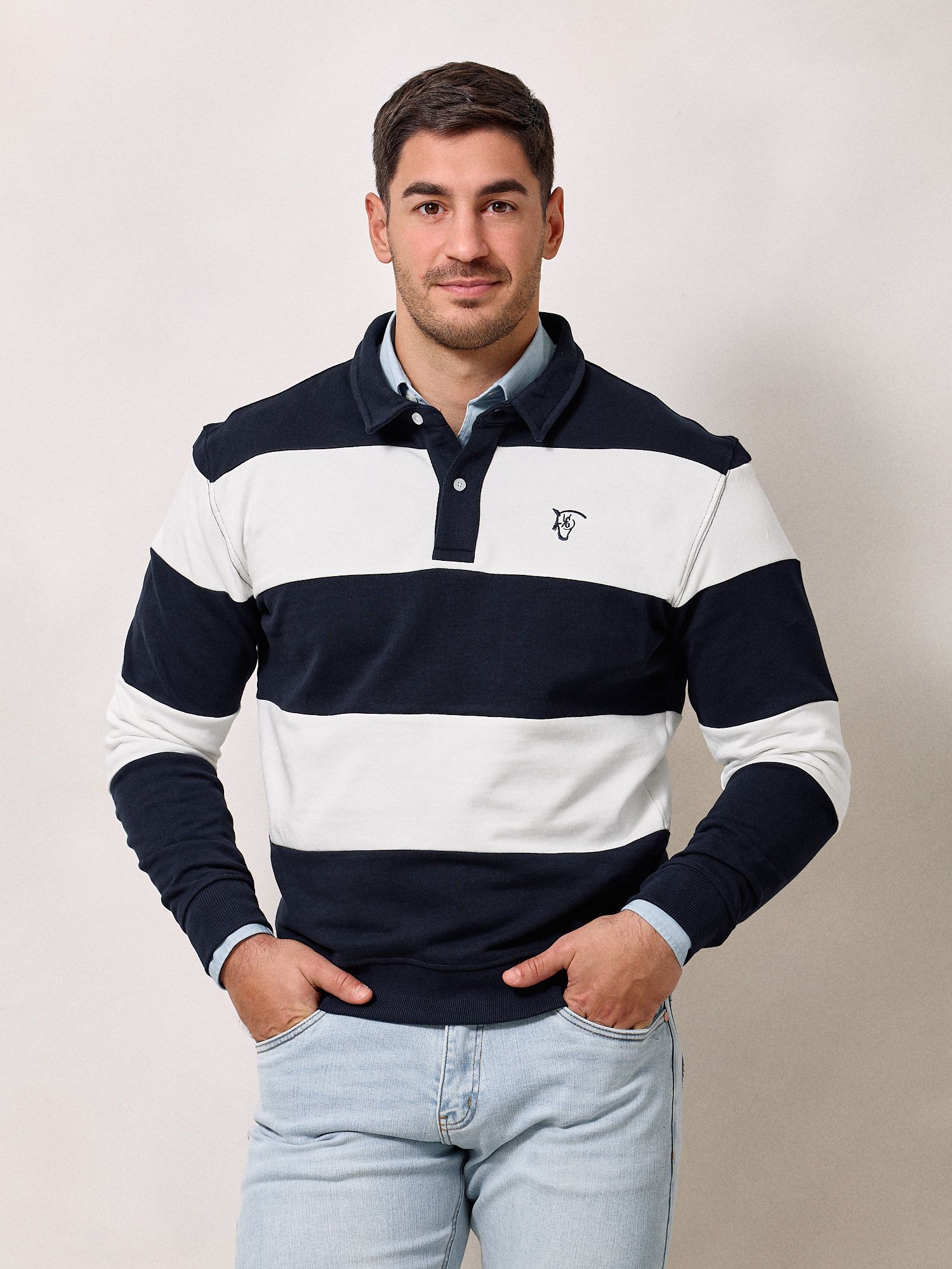 Polo Collar Striped Sweatshirt | Navy Blue