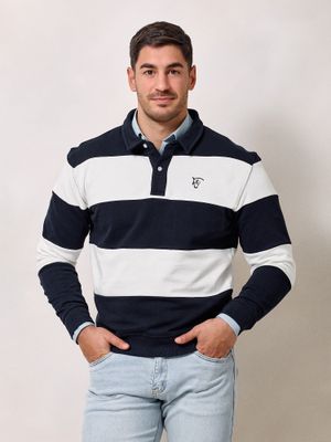 Sweat-shirt à col polo rayé | Bleu Marine