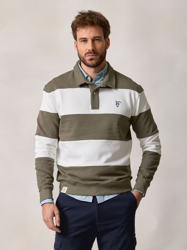 Polo Collar Striped Sweatshirt | Olive Green