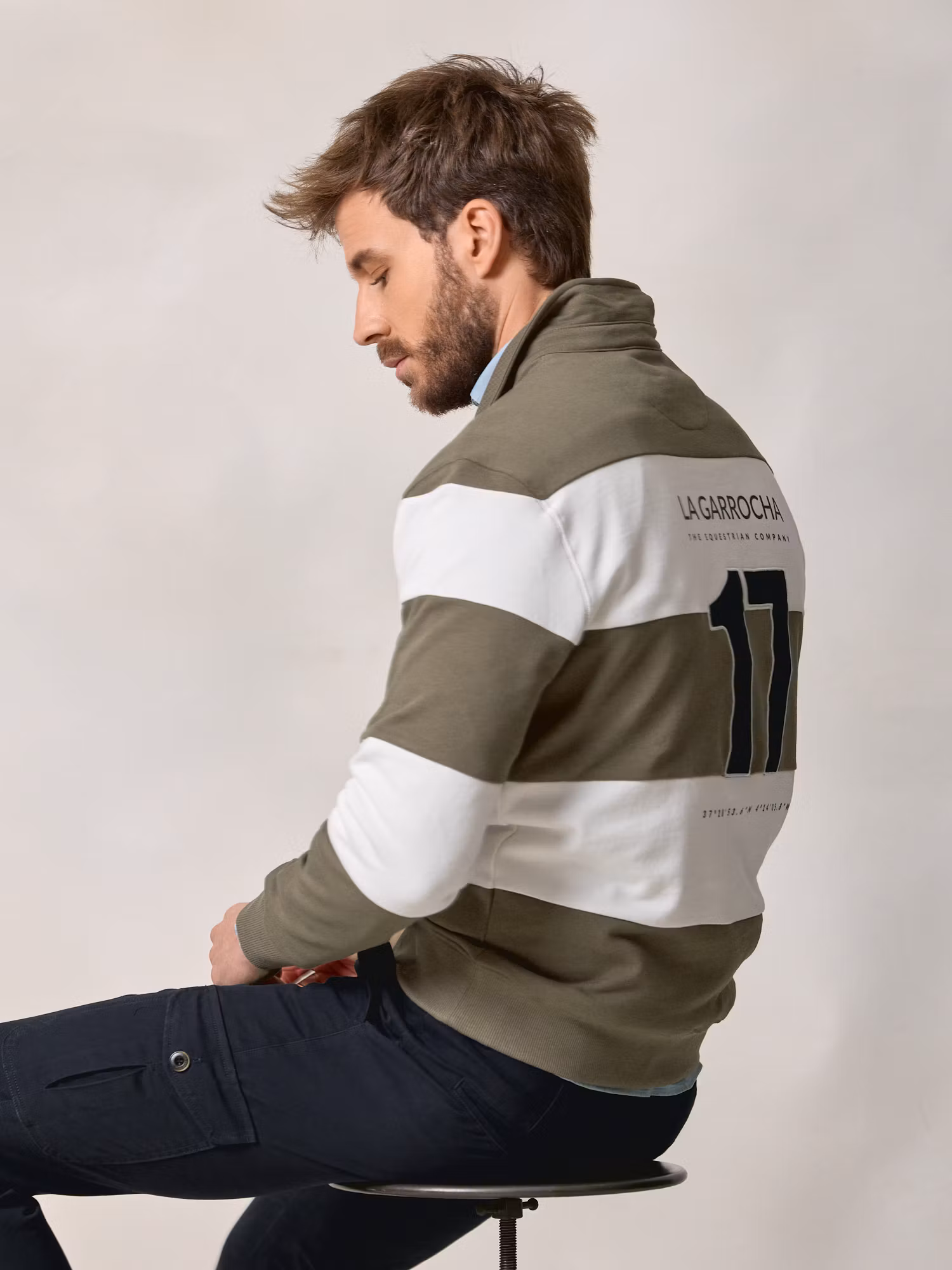 Polo Collar Striped Sweatshirt | Olive Green
