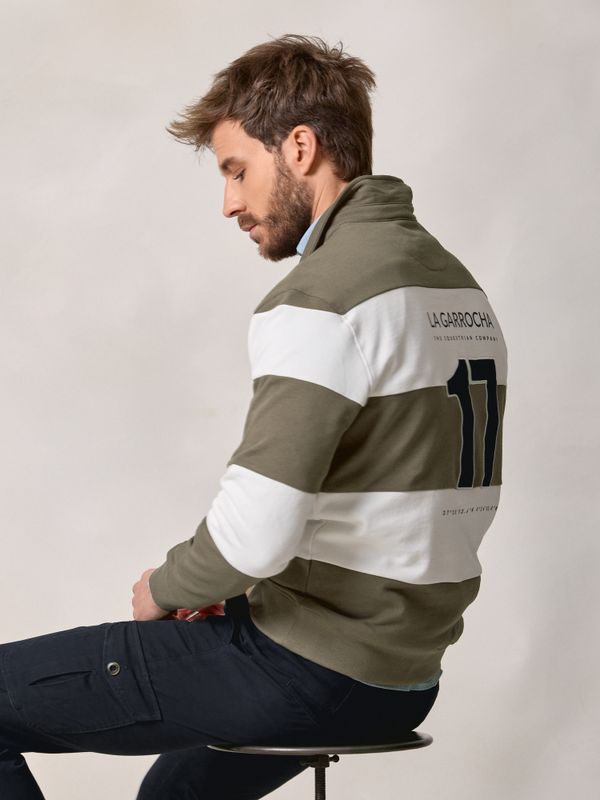 Polo Collar Striped Sweatshirt | Olive Green