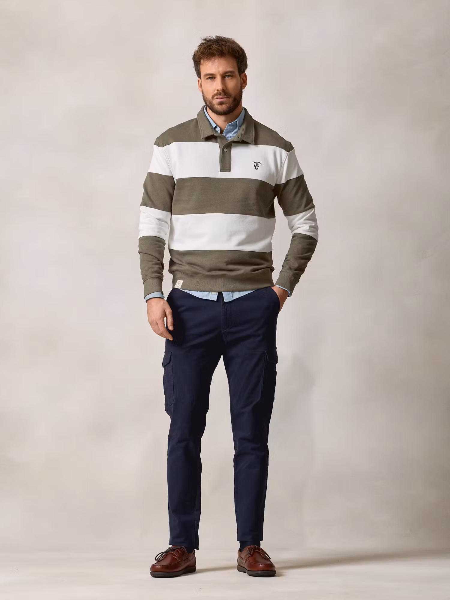 Polo Collar Striped Sweatshirt | Olive Green
