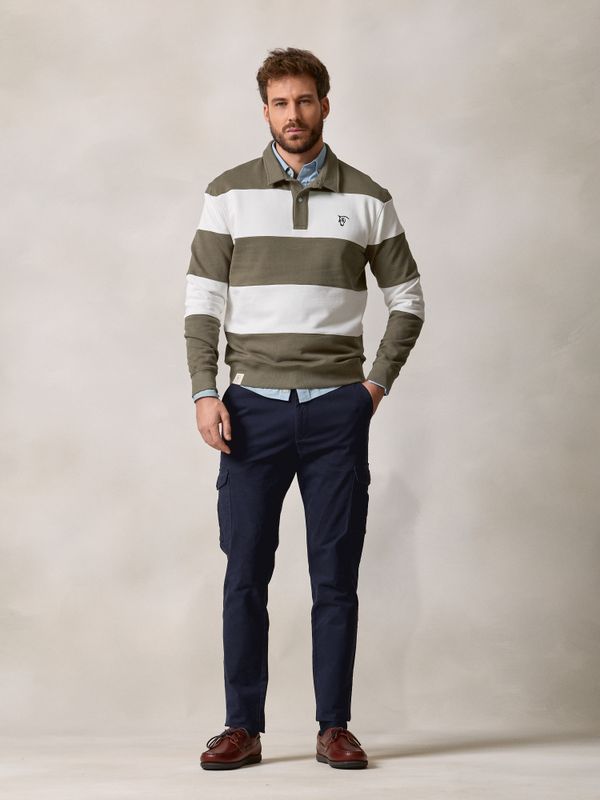 Polo Collar Striped Sweatshirt | Olive Green