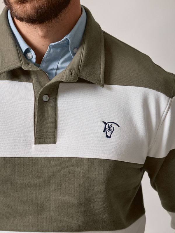 Polo Collar Striped Sweatshirt | Olive Green