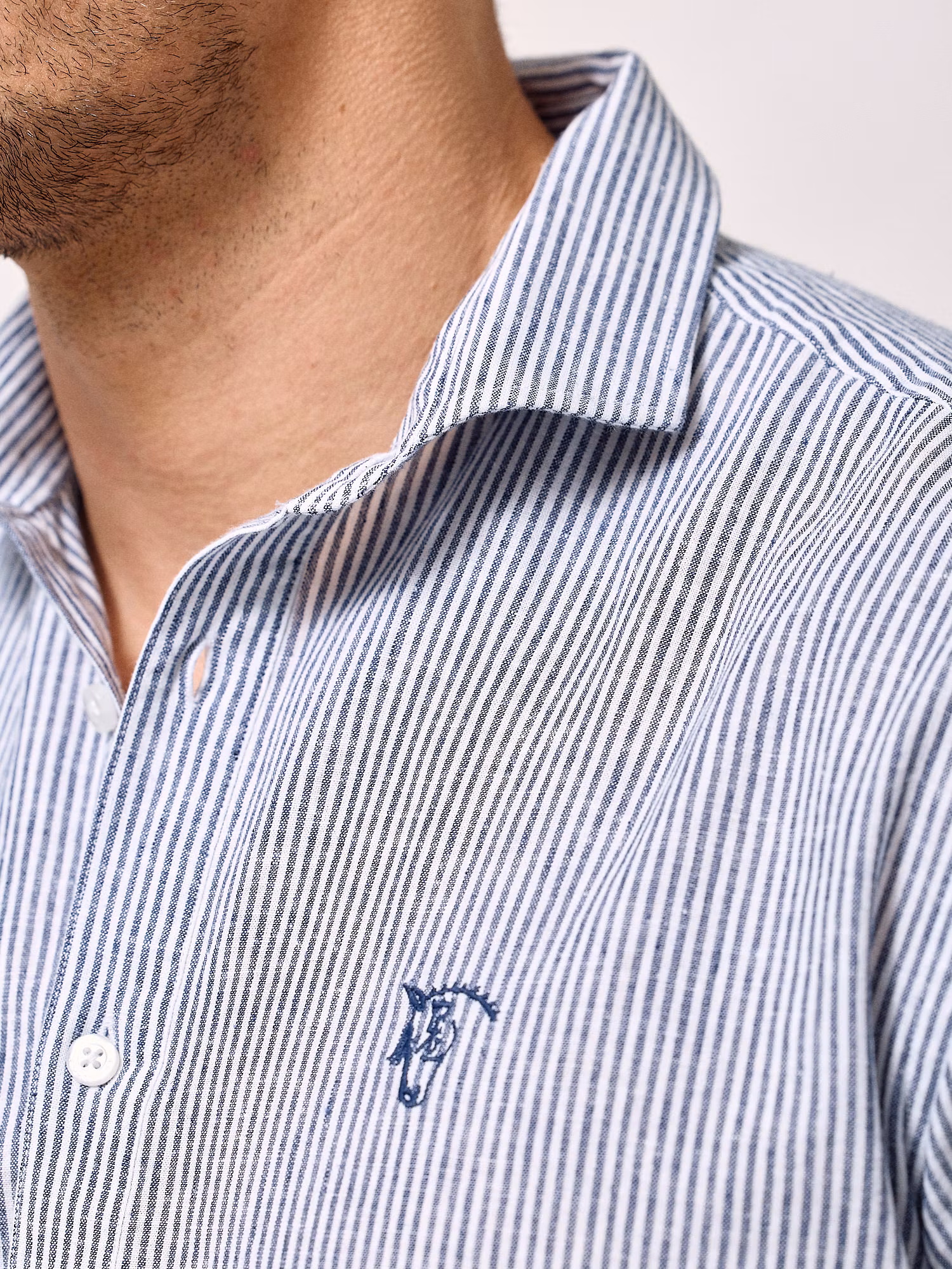 Camisa Polo Linho Listrada | Azul Marinho
