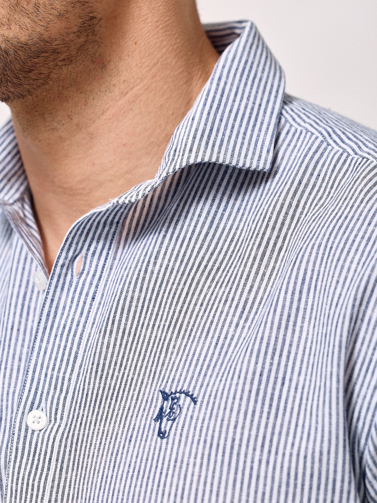 Striped Linen Polo Shirt | Navy Blue