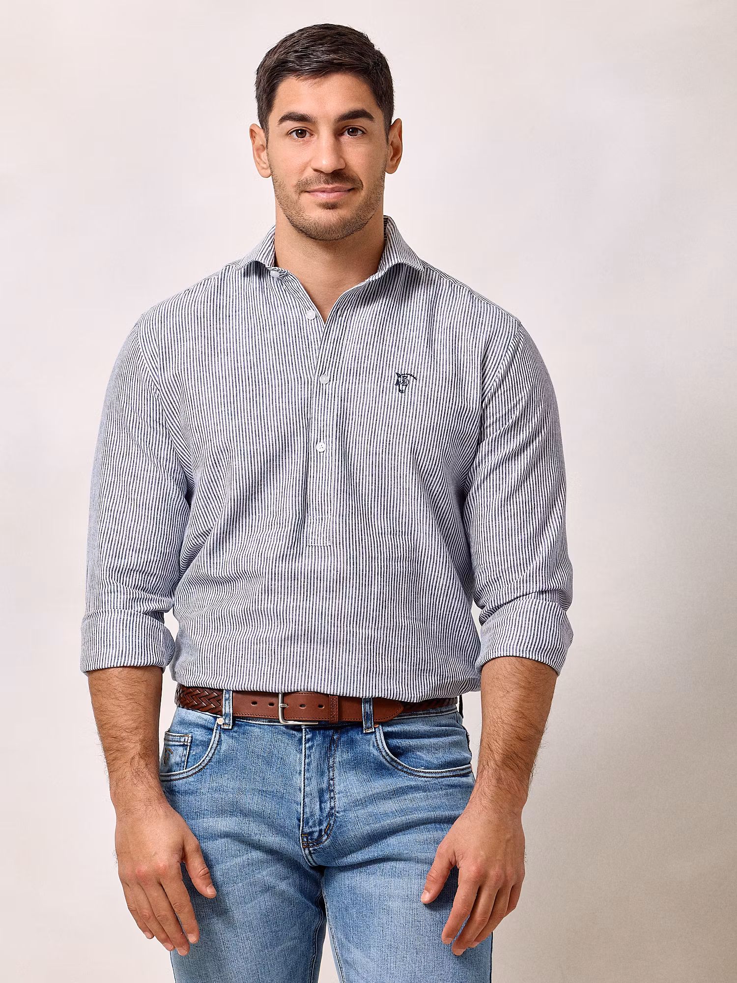 Camisa Polo Linho Listrada | Azul Marinho