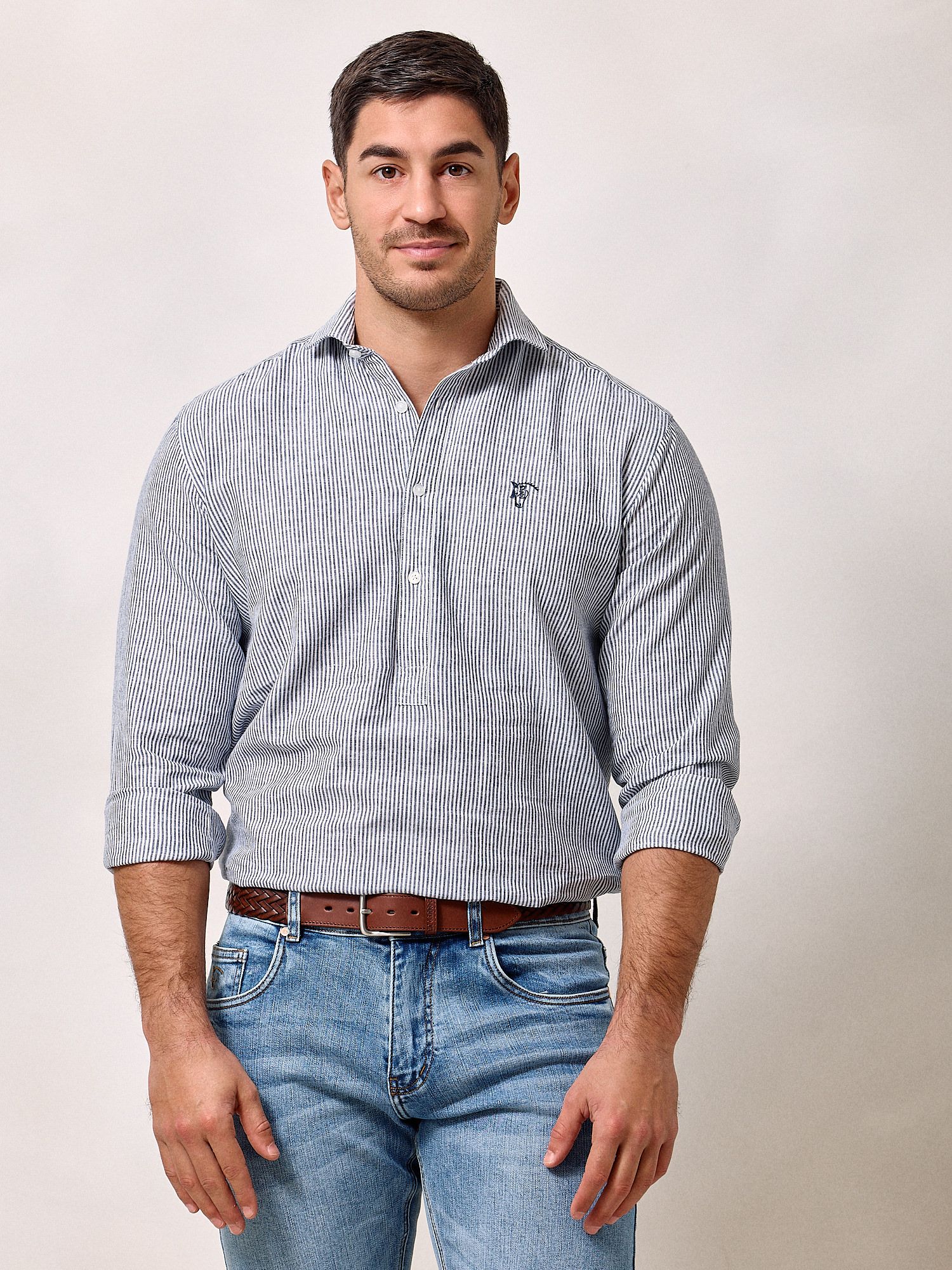 Striped Linen Polo Shirt | Navy Blue