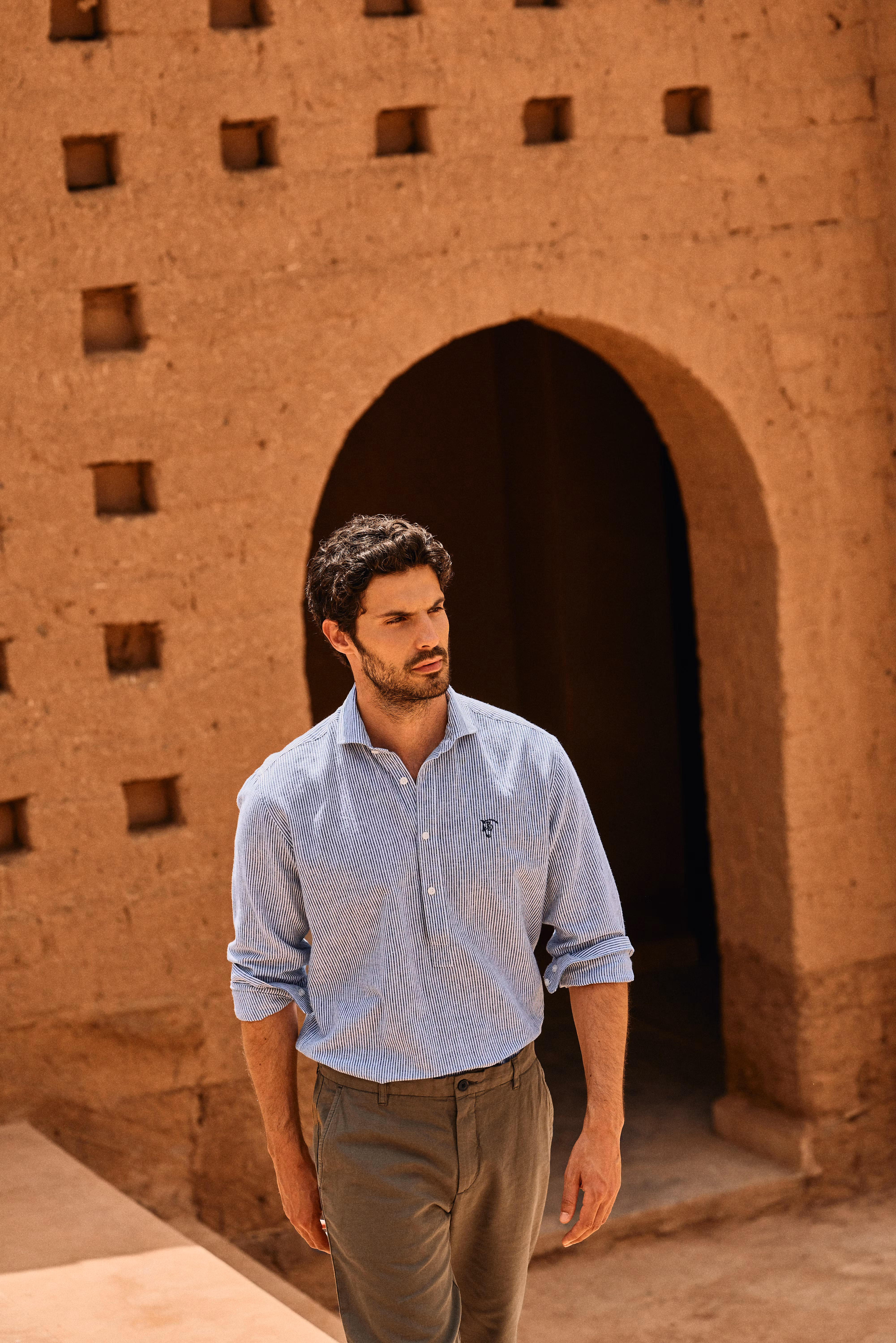 Camisa Polo Linho Listrada | Azul Marinho