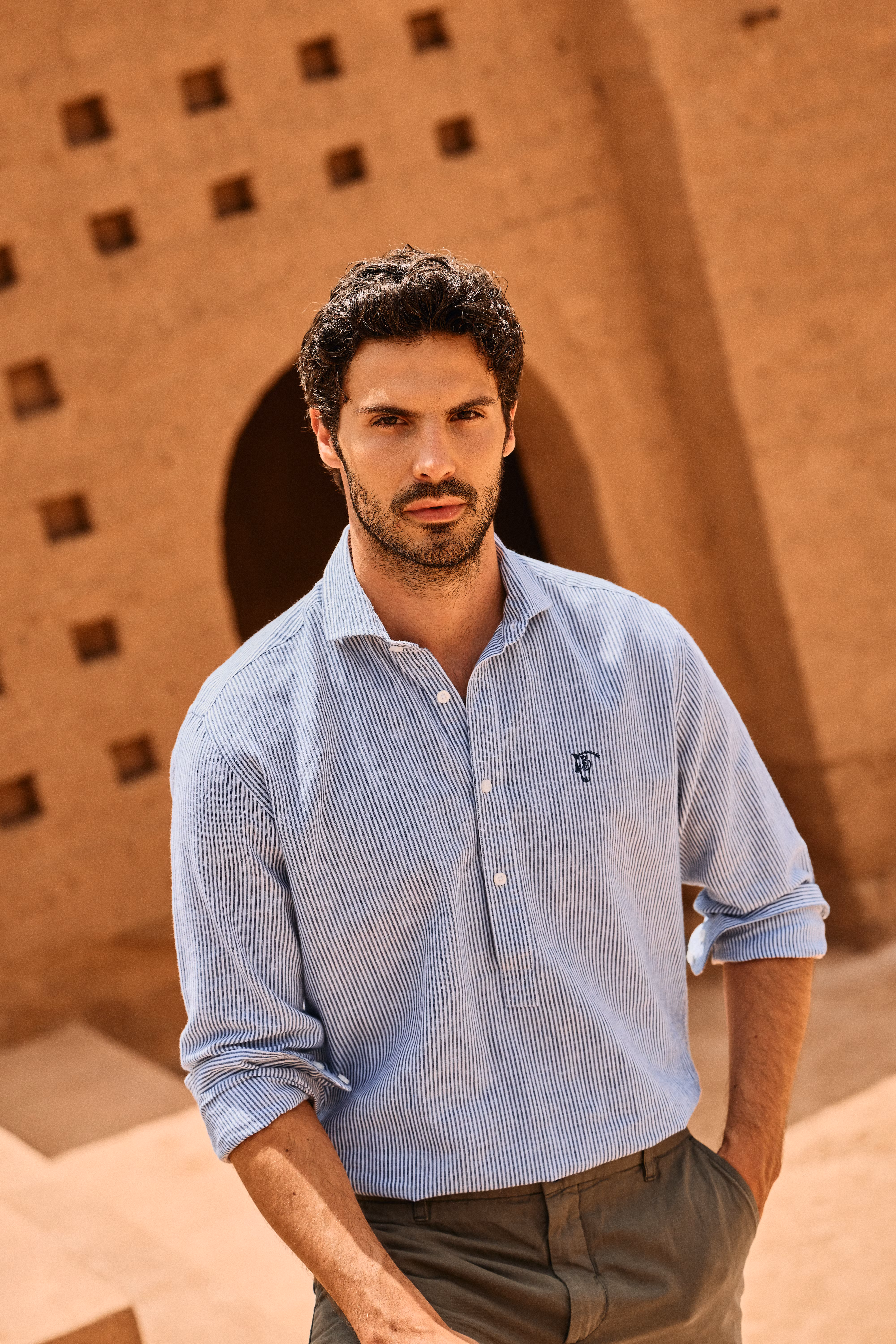 Camisa Polo Linho Listrada | Azul Marinho