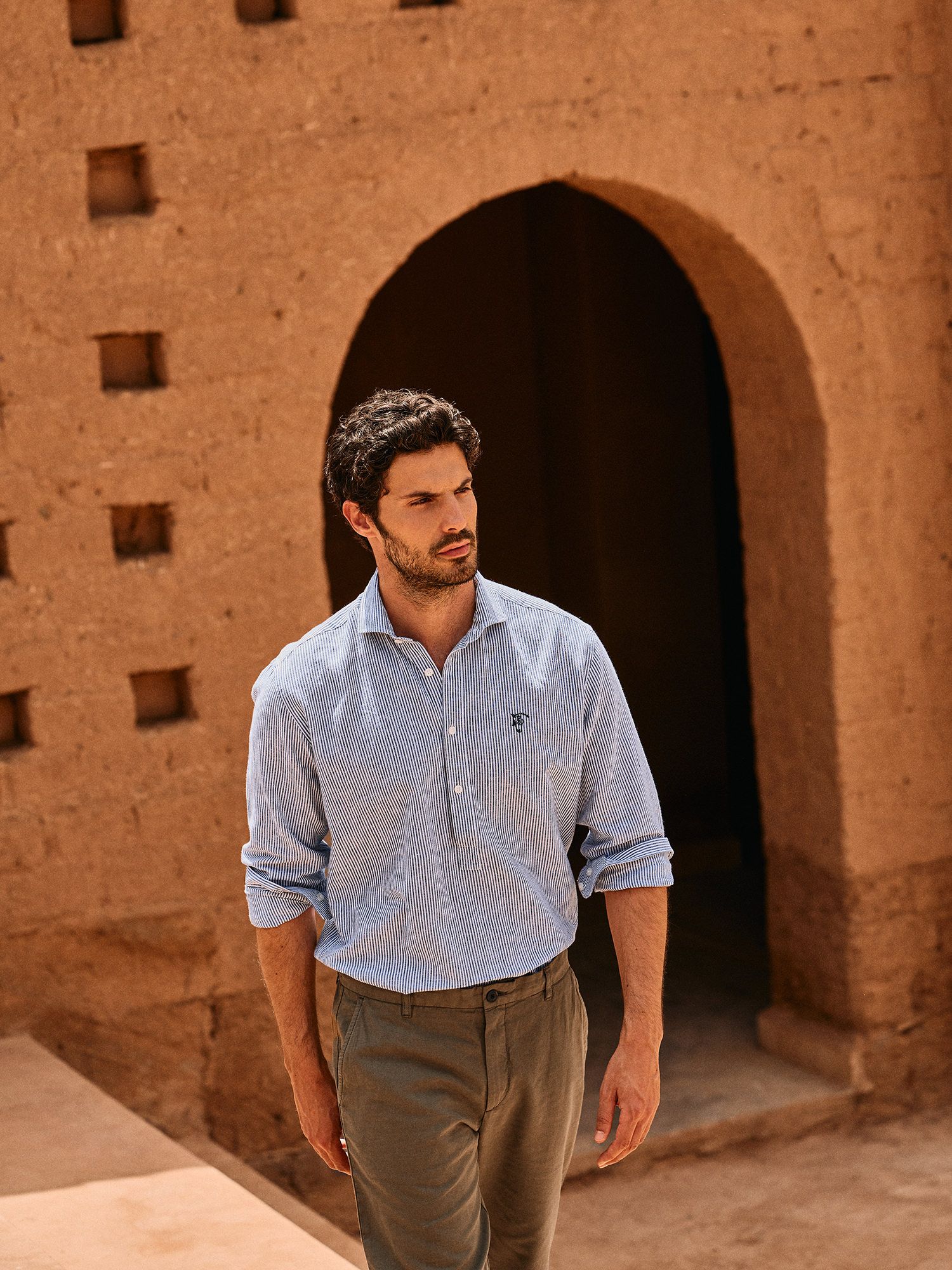 Striped Linen Polo Shirt | Navy Blue