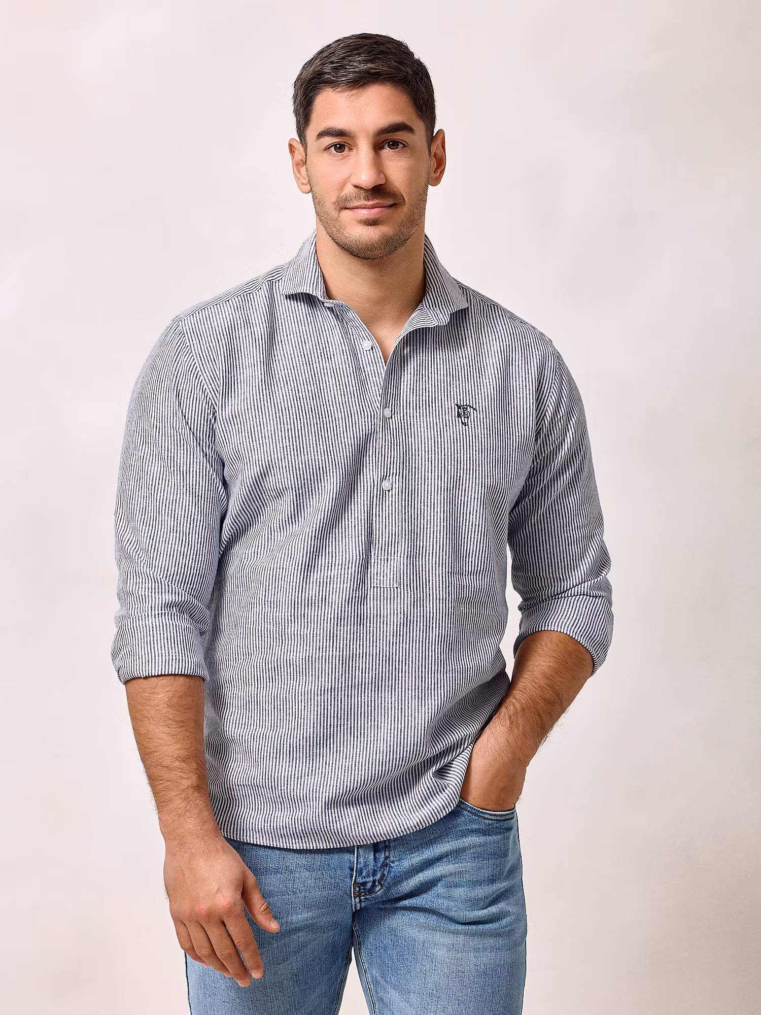 Camisa Polo Linho Listrada | Azul Marinho