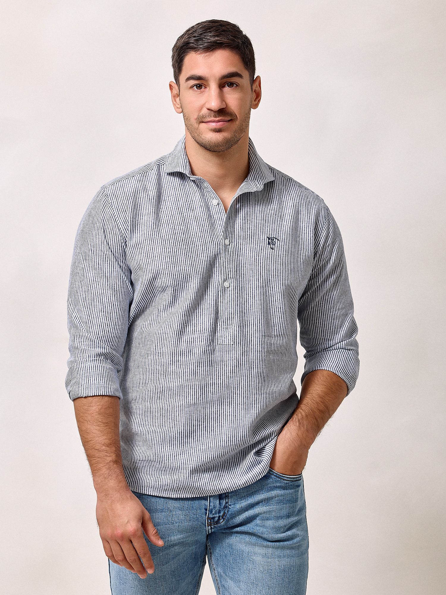 Striped Linen Polo Shirt | Navy Blue