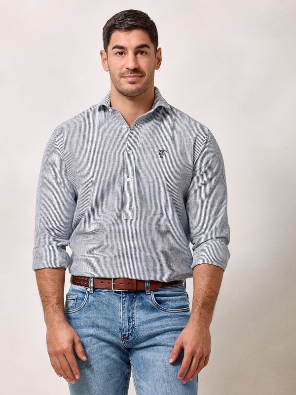 Chemise Polo en Lin Rayé | Bleu Marine