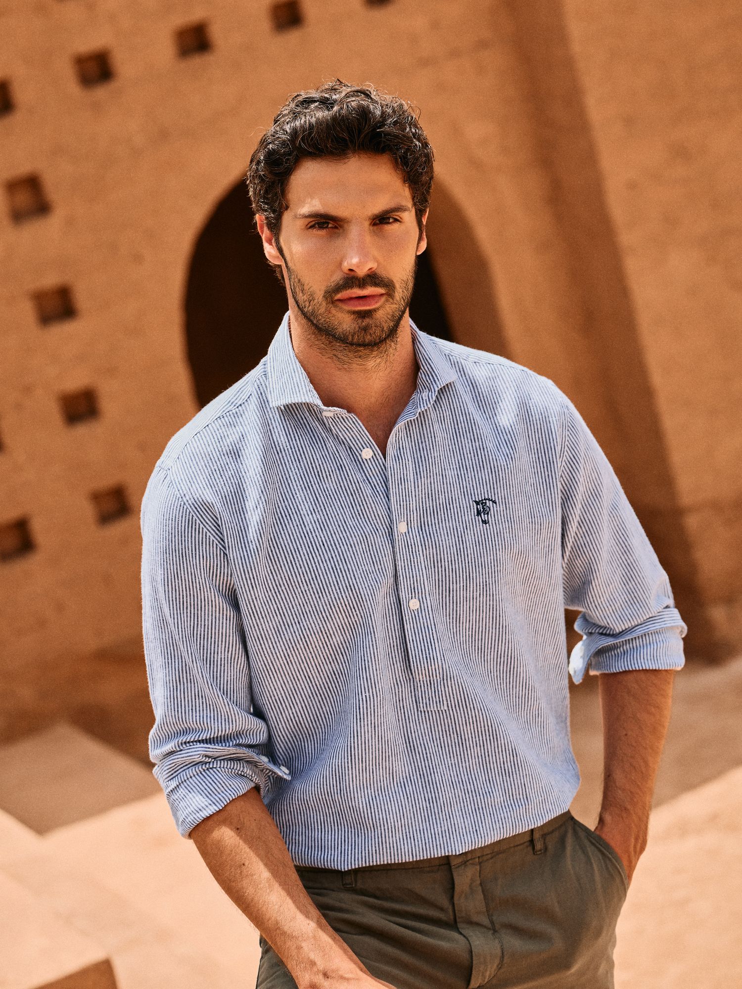 Camisa Polo Linho Listrada | Azul Marinho