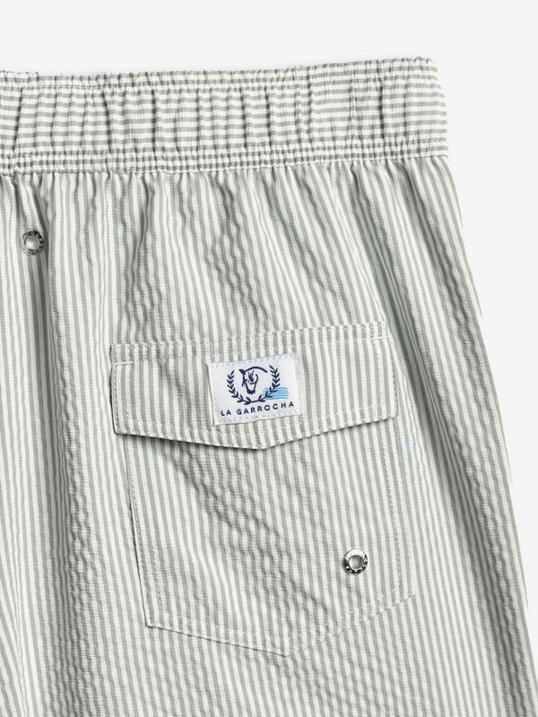 Calção de Banho Listrado em Seersucker | Verde Musgo