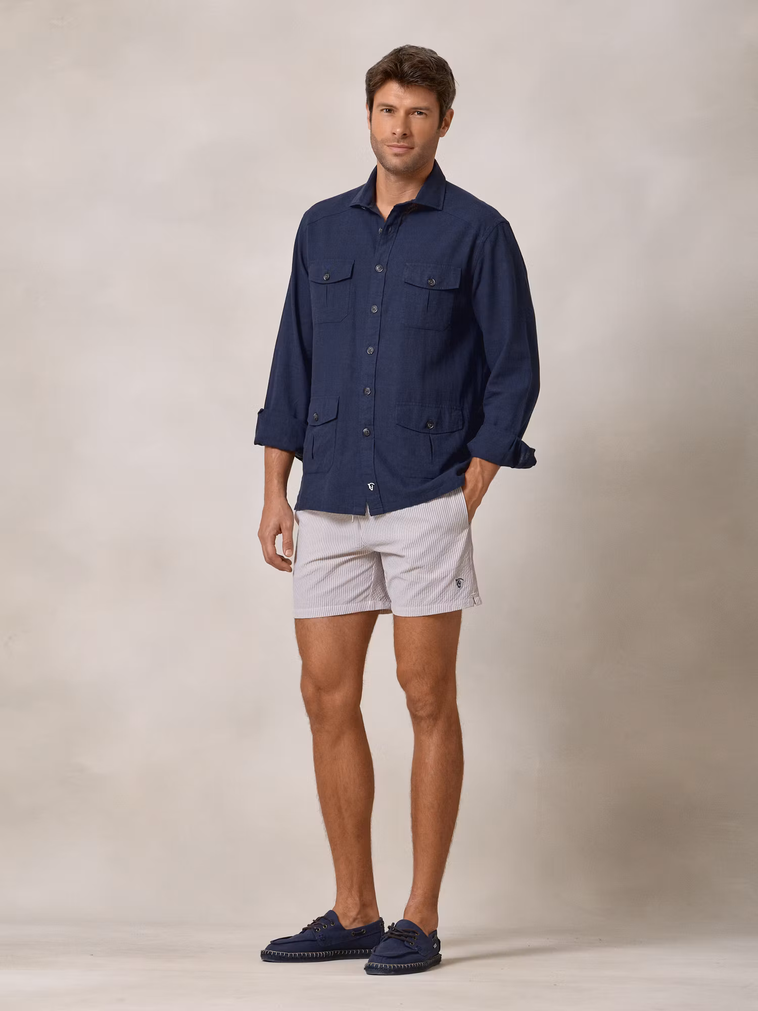 Calção de banho Listrado em Seersucker | Camel