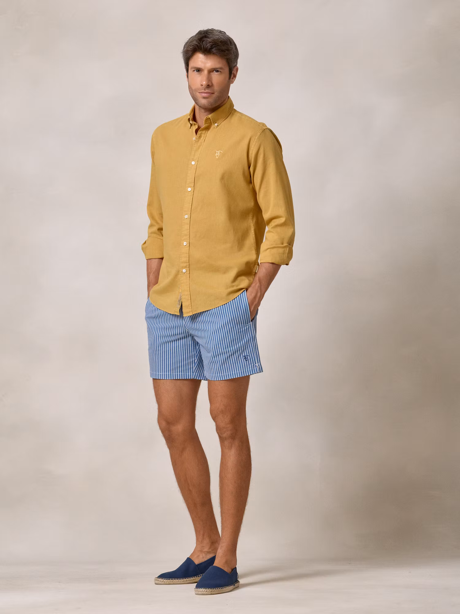 Calção de banho risca larga Seersucker | Azul Marinho