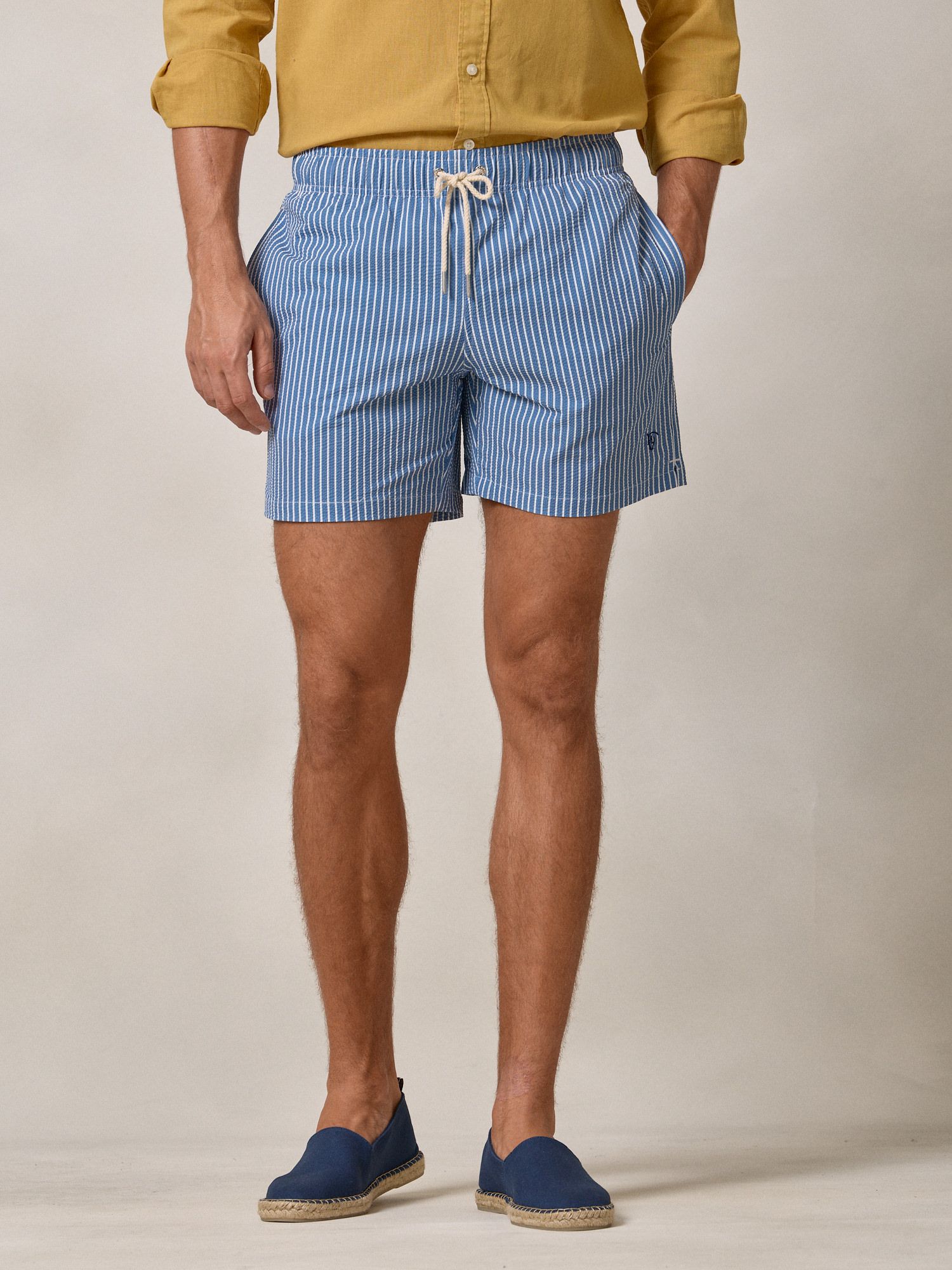Calção de banho risca larga Seersucker | Azul Marinho