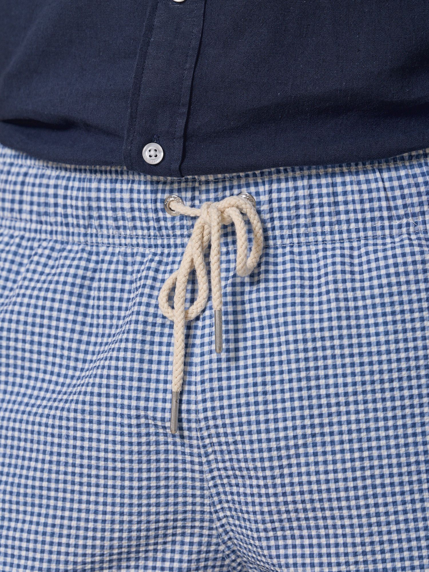 Calção de Banho Vichy em Seersucker | Azul Marinho