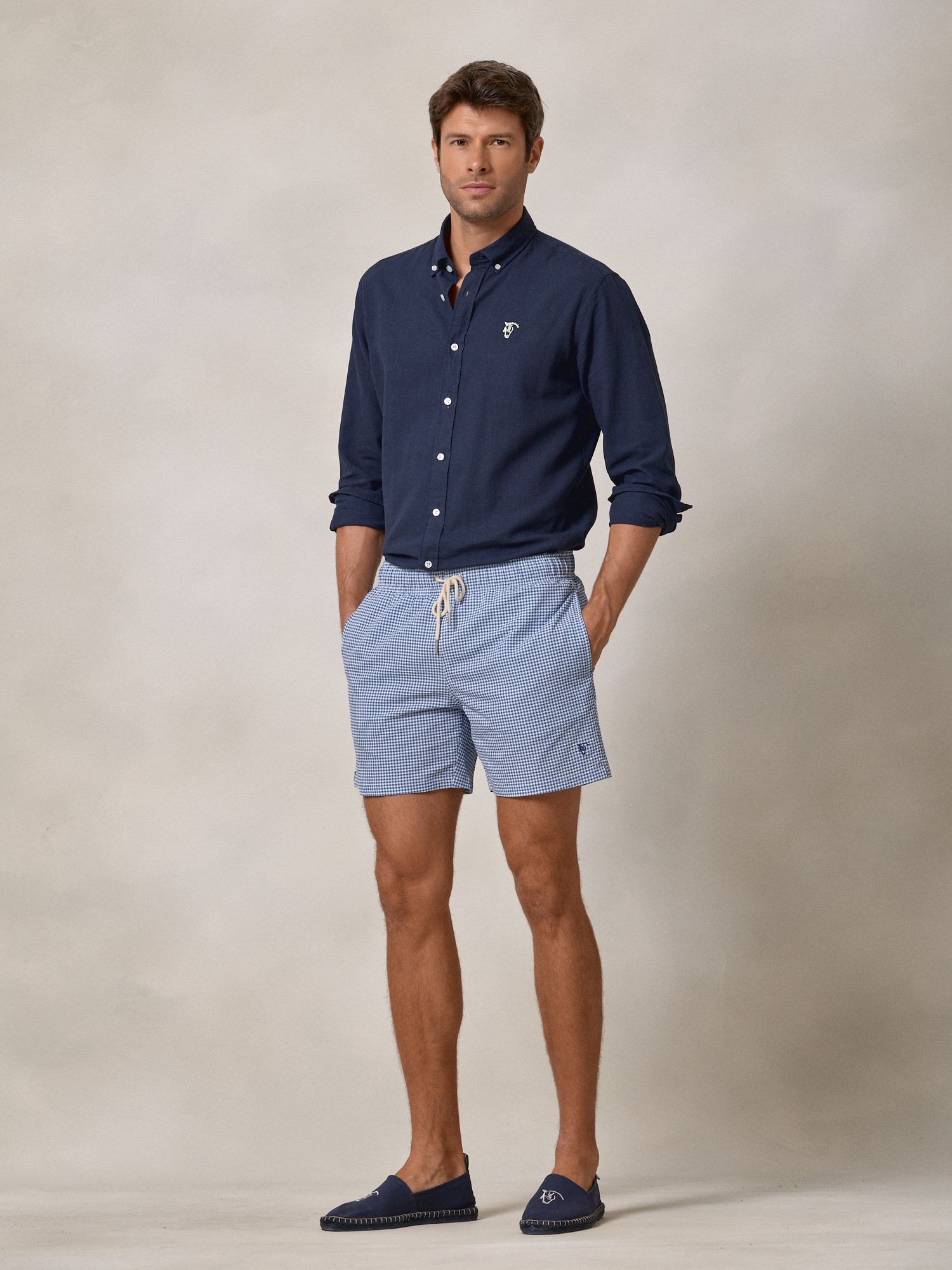 Calção de Banho Vichy em Seersucker | Azul Marinho