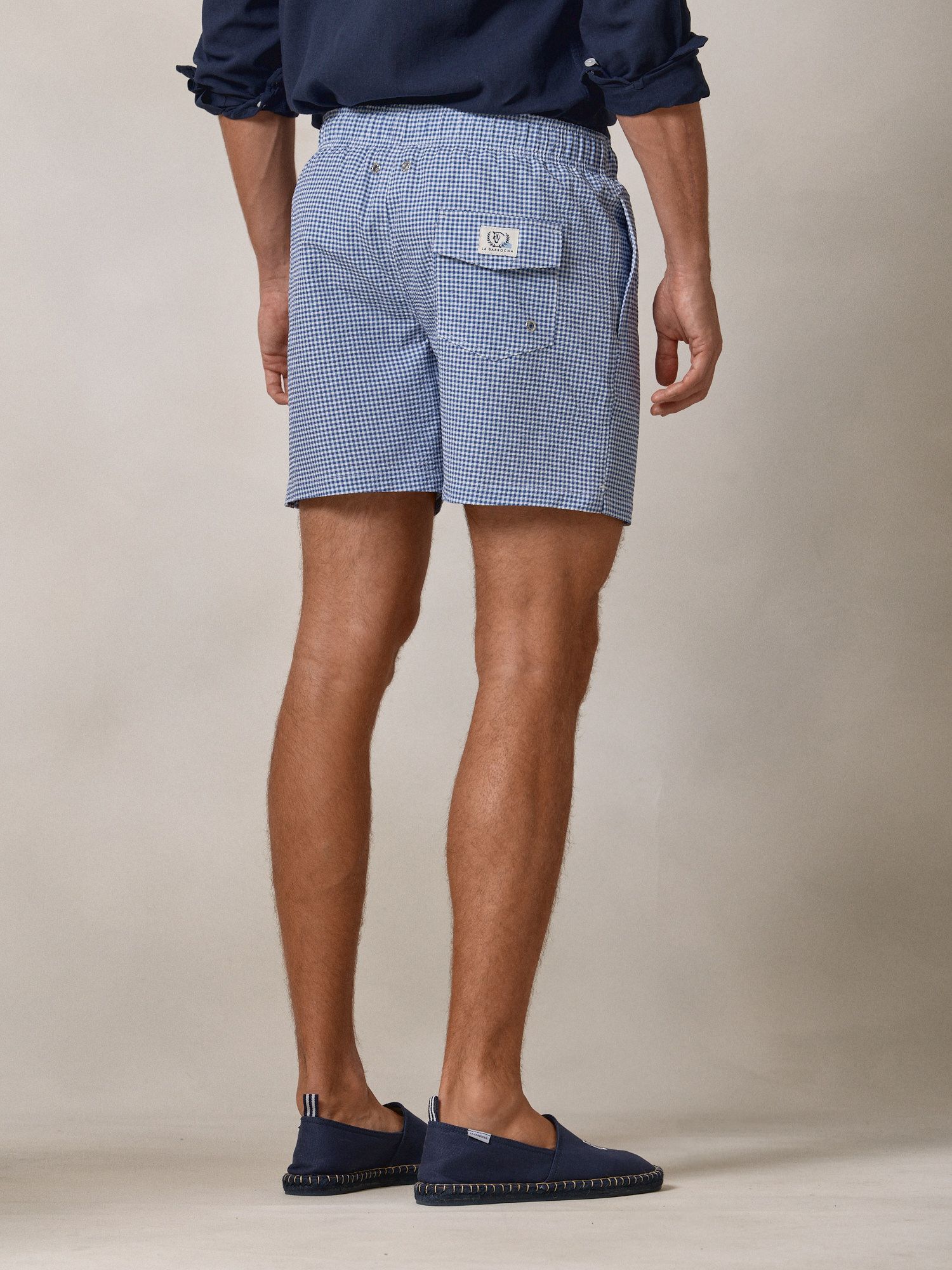 Calção de Banho Vichy em Seersucker | Azul Marinho